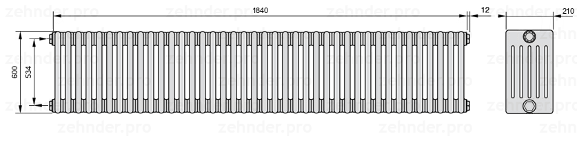 Схема (чертеж) Радиатор Zehnder Charleston 6060/40 №1270 Белый глянцевый RAL 9016